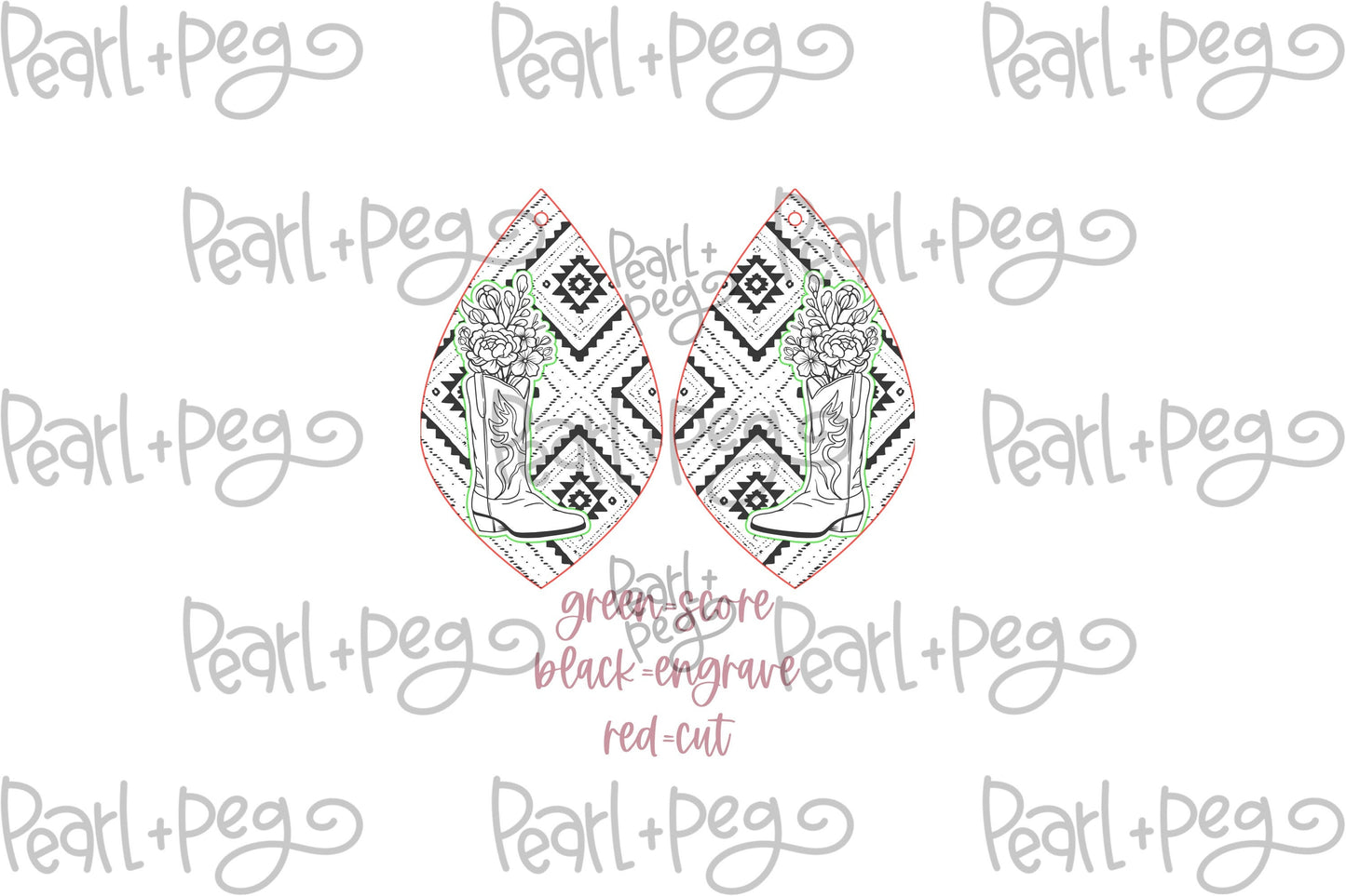 Aztec Grunge Floral Boot Laser Engraved Earrings Digital Download