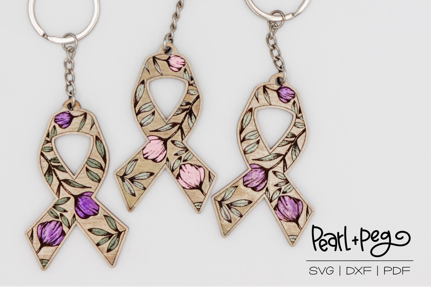 Floral Awareness Ribbon Laser Engraved Earrings and Keychain Digital Download