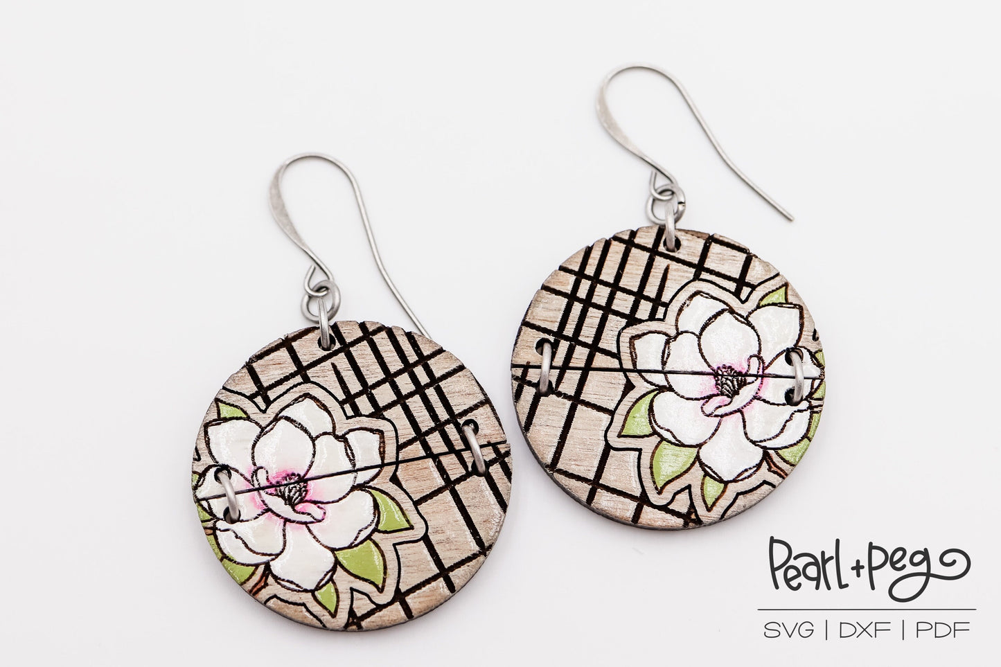 Cross Hatch Magnolia Laser Engraved Earrings Digital Download