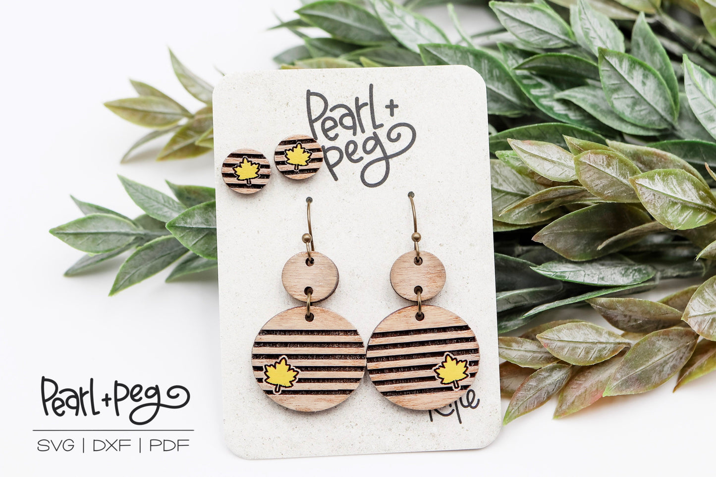 Striped Leaf With Studs Laser Engraved Earrings Digital Download