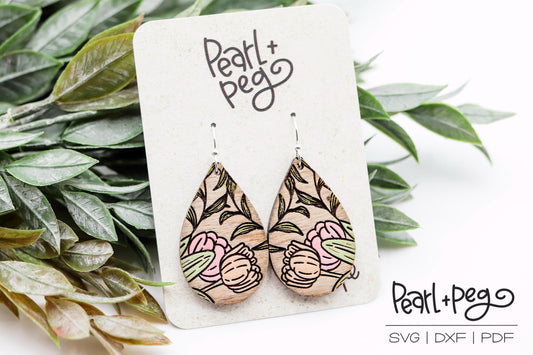 Tulip Floral Teardrop Laser Engraved Earrings Digital Download