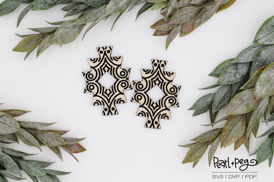 Curly Art Deco Aztec Shape Laser Engraved Earrings Digital Download