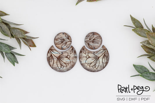 Floral Round Two Part Circle Drop Laser Engraved Earrings Digital Download