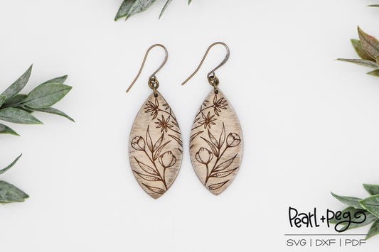 Floral Branched Angle Drop Laser Engraved Earrings Digital Download