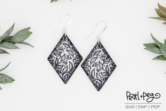 Vines Floral Pattern Diamond Laser Engraved Earrings Digital Download