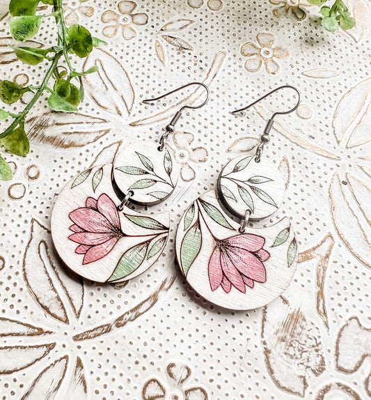 Floral Round Two Part Circle Drop Laser Engraved Earrings Digital Download