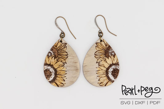 Double Sunflower Drop Laser Engraved Earrings Digital Download