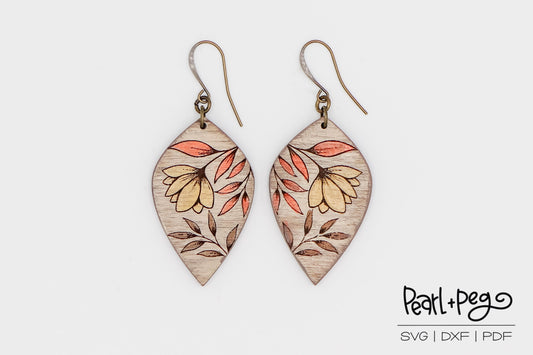 Leaves Floral Upside Down Drop Laser Engraved Earrings Digital Download