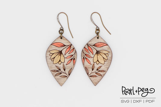 Leaves Floral Upside Down Drop Laser Engraved Earrings Digital Download