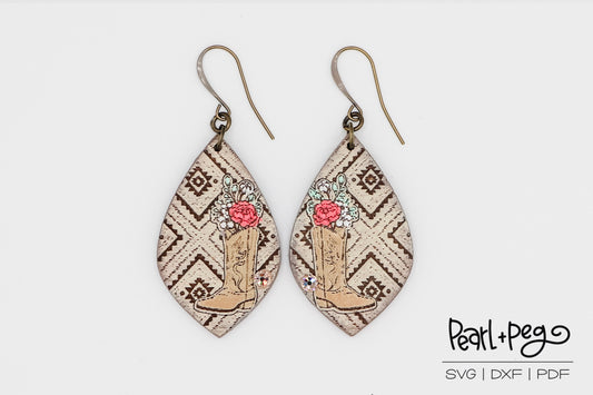 Aztec Grunge Floral Boot Laser Engraved Earrings Digital Download