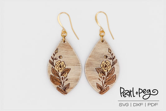 Rose Floral Bunch Drop Laser Engraved Earrings Digital Download