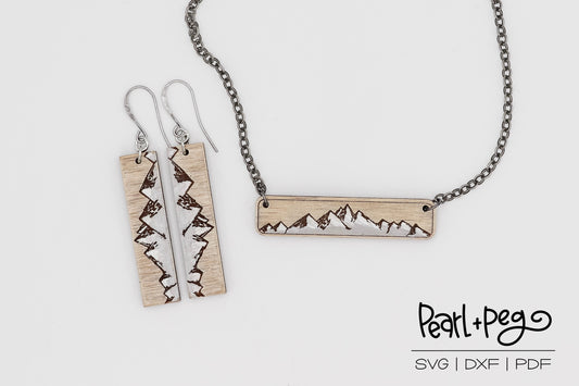 Mountain Bar Necklace and Earrings Set Laser Engraved Digital Download