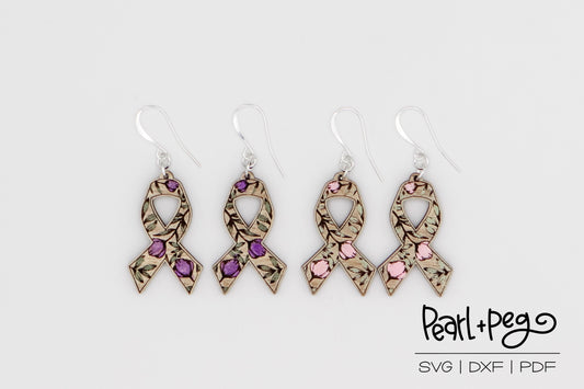 Floral Awareness Ribbon Laser Engraved Earrings and Keychain Digital Download