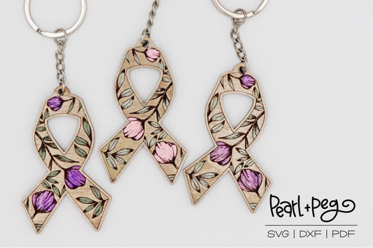 Floral Awareness Ribbon Laser Engraved Earrings and Keychain Digital Download