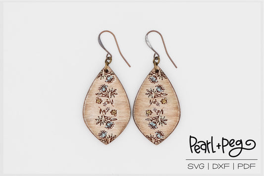 Dainty Floral Strip Drop Laser Engraved Earrings Digital Download