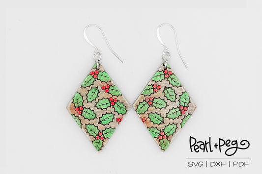 Holly and Berries Drop Laser Engraved Earrings Digital Download