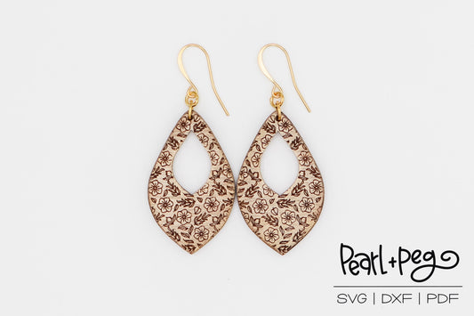 Delicate Floral Scene Hoop Laser Engraved Earrings Digital Download