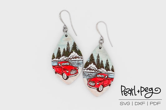 Winter Red Truck Laser Engraved Earrings Digital Download