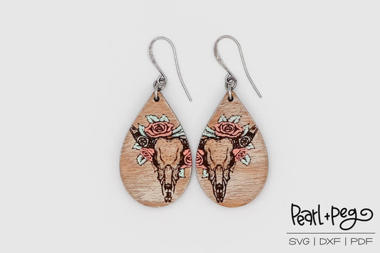 Floral Rose Skull Laser Engraved Earring Digital Download