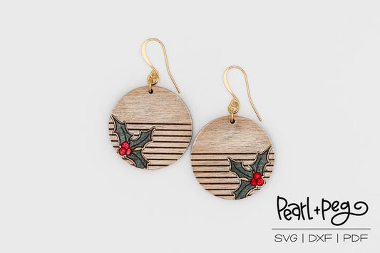 Holly Berry Stripes Laser Engraved Earrings Digital Download