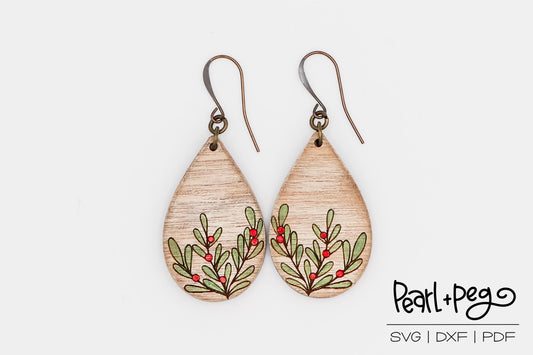 Teardrop Holly Berry Laser Engraved Earrings Digital Download