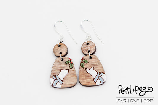 Bear and Mistletoe Laser Engraved Earrings Digital Download