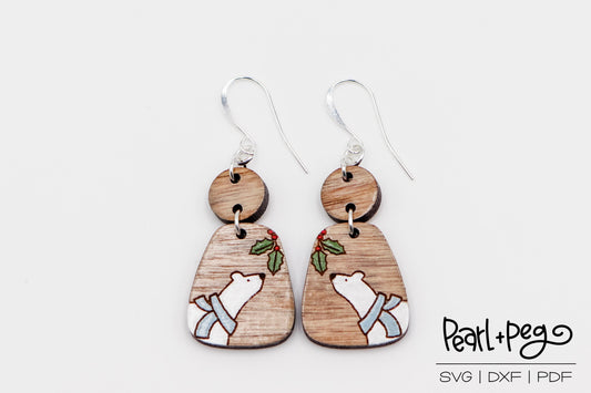 Bear and Mistletoe Laser Engraved Earrings Digital Download