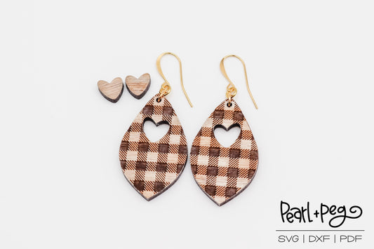 Plaid Heart Hoop Drop Laser Engraved Earrings Digital Download