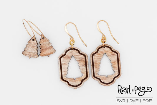 Bordered Tree Christmas Tree Laser Engraved Earrings Digital Download