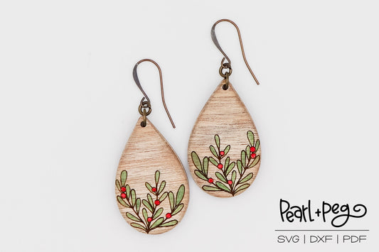 Teardrop Holly Berry Laser Engraved Earrings Digital Download