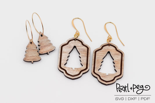 Bordered Tree Christmas Tree Laser Engraved Earrings Digital Download