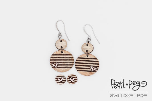 Striped Heart Circle with Stud Laser Engraved Earrings Digital Download