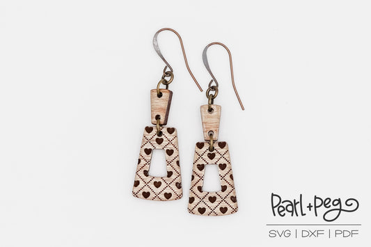 Quilted Heart Long Two Part Laser Engraved Earrings Digital Download
