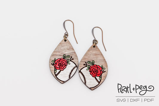 Floral Baseball Laser Engraved Earrings Digital Download