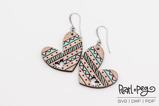 Aztec Mud Cloth Heart Laser Engraved Earrings Digital Download