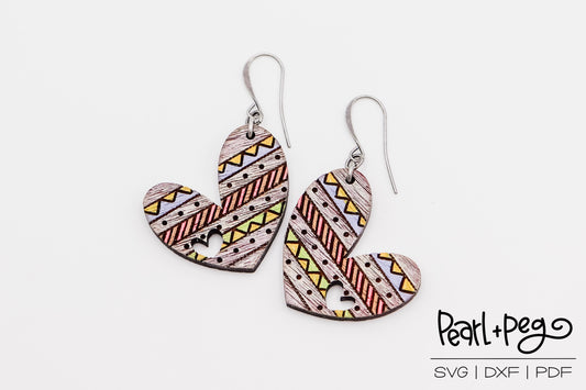 Aztec Mud Cloth Heart Laser Engraved Earrings Digital Download