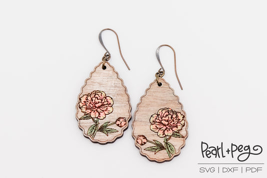 Peony Scalloped Drop Laser Engraved Earrings Digital Download