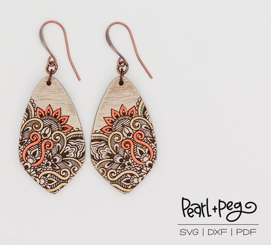 Oriental Pointed Drop Laser Engraved Earrings Digital Download