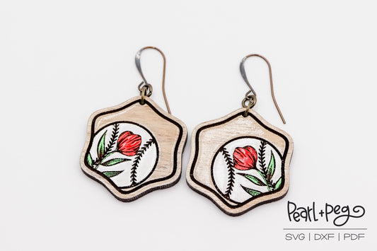 Floral Baseball Laser Engraved Earrings Digital Download