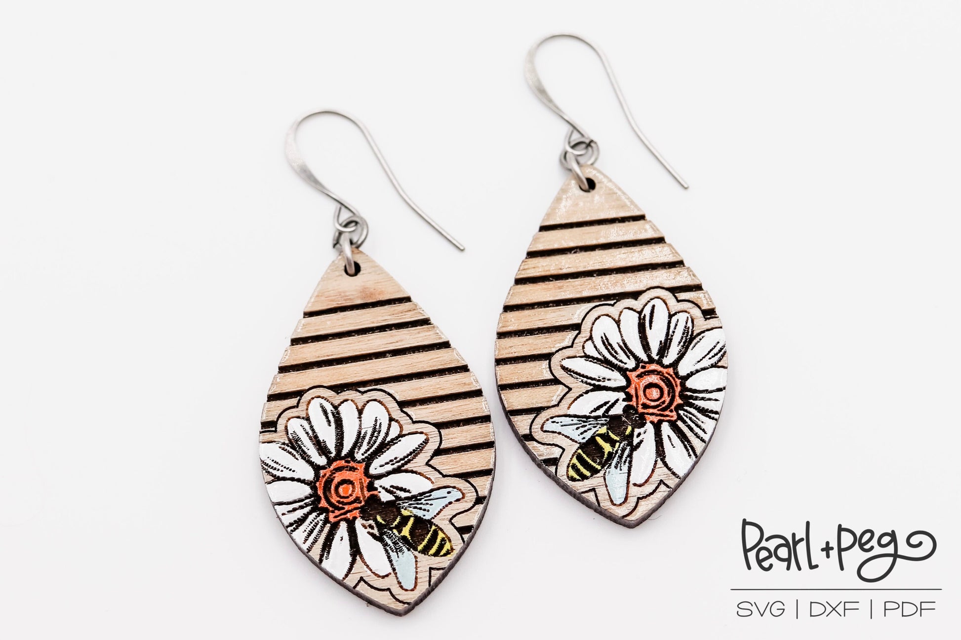 Striped Flower Bee Laser Engraved Earrings Digital Download