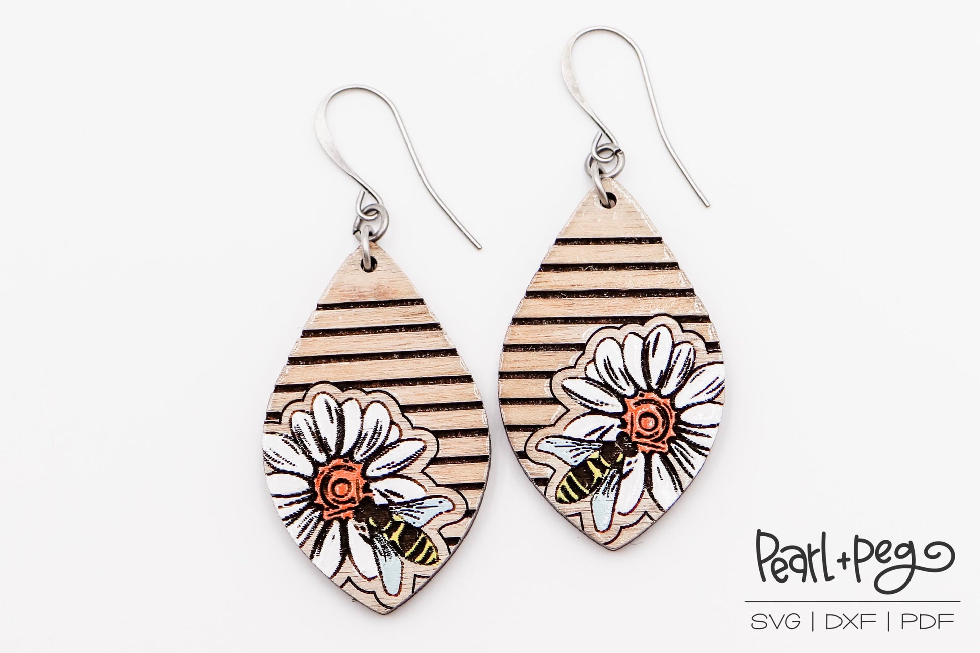 Striped Flower Bee Laser Engraved Earrings Digital Download