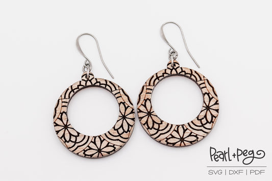 Flower Patterned Hoop Round Laser Engraved Earrings Digital Download