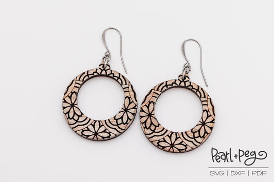 Flower Patterned Hoop Round Laser Engraved Earrings Digital Download