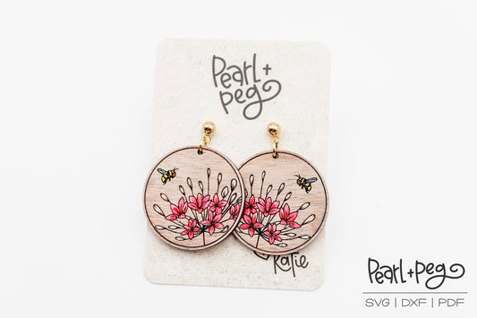 Round Floral Spray Bee Laser Engraved Earrings Digital Download
