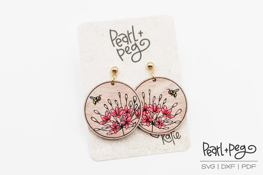 Round Floral Spray Bee Laser Engraved Earrings Digital Download