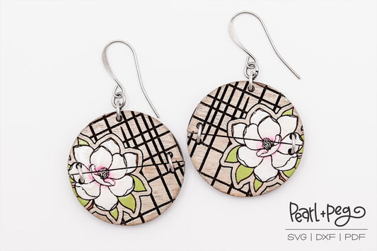Cross Hatch Magnolia Laser Engraved Earrings Digital Download