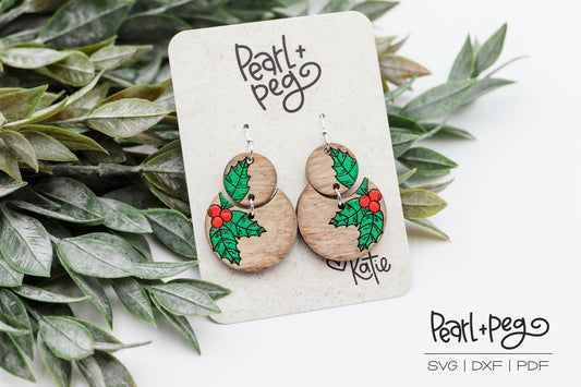 Christmas Berries Semi Circle Laser Engraved Earrings Digital Download