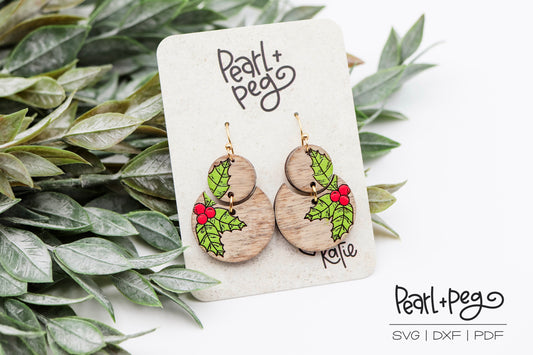 Christmas Berries Semi Circle Laser Engraved Earrings Digital Download