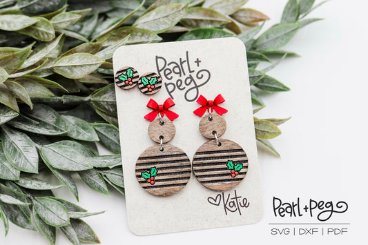 Holly Berry With Stripes Laser Engraved Earrings Digital Download