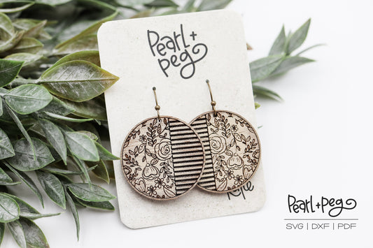 Half Floral Half Striped Round Laser Engraved Earrings Digital Download